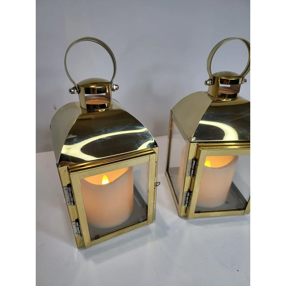 Gold Metal Lanterns with LED Candles Pair Decorative Wedding Decor 7.5in